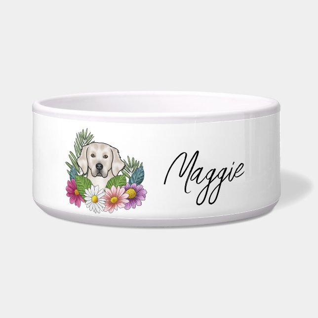Cream Golden Retriever Colourful Flowers And Name (Front)