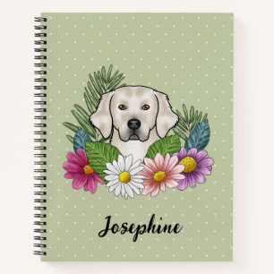 Cream Golden Retriever Colourful Flowers And Name Notebook