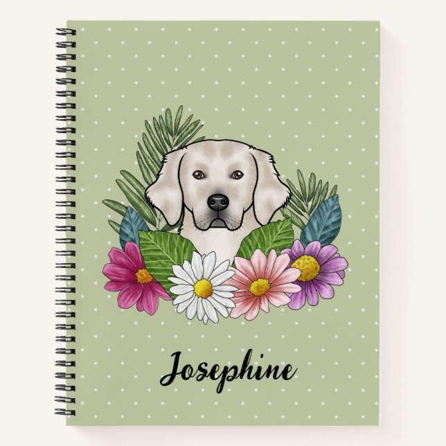 Cream Golden Retriever Colourful Flowers And Name Notebook (Front)