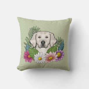 Cream Golden Retriever Colourful Flowers Green Throw Pillow