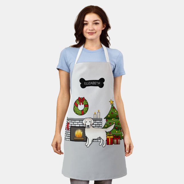 Cream Golden Retriever In A Christmas Room & Name Apron (Worn)