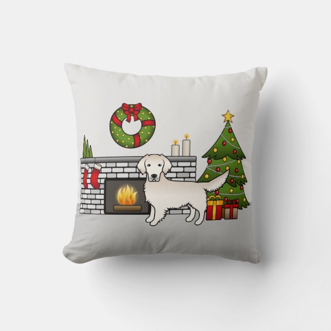 Cream Golden Retriever In Christmas Room Throw Pillow (Front)