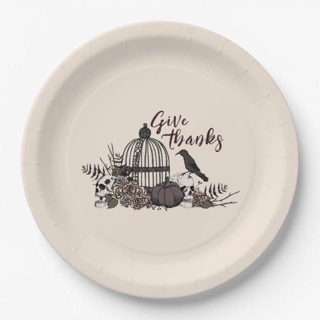 Cream Gothic Skulls Give Thanks Dinner Party Paper Plate (Front)