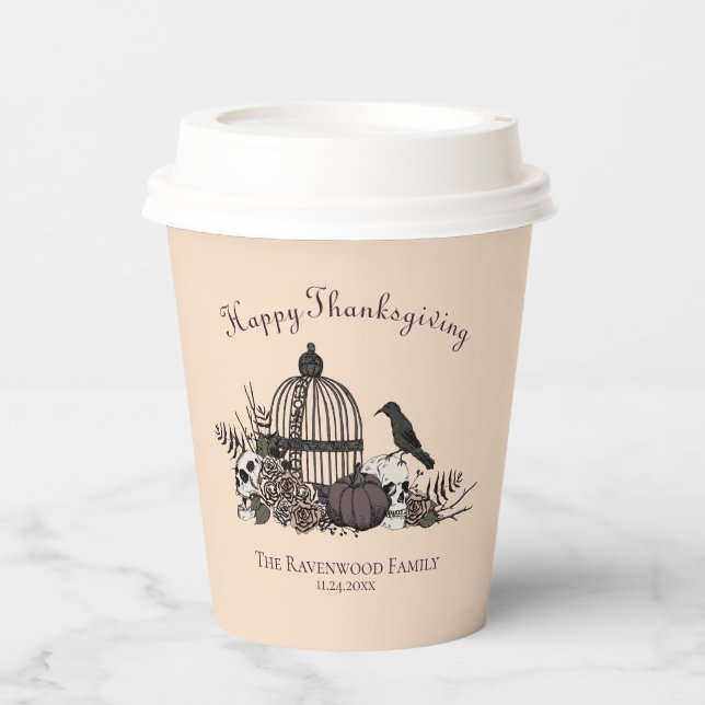 Cream Gothic Skulls, Pumpkin & Roses Thanksgiving  Paper Cups (Front)
