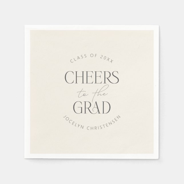 Cream Gray Personalized Cheers Grad Party Napkin (Front)
