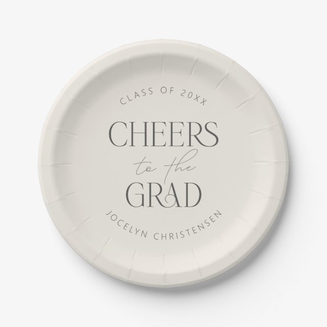 Cream Gray Personalized Cheers Grad Party Paper Plate (Front)