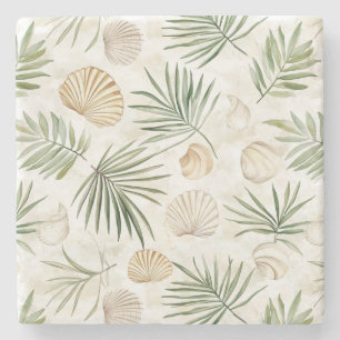 Cream Green Beach Shells   Stone Coaster