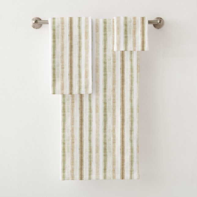 Cream Green Brown Stripes  Bath Towel Set (Insitu)