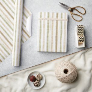 Cream Green Brown Stripes Birthday Wrapping Paper