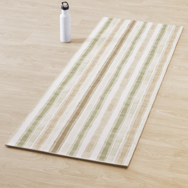 Cream Green Brown Stripes  Yoga Mat (In Situ)