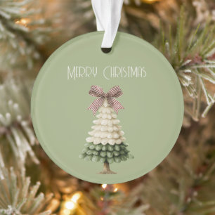 Cream Green Christmas Tree Red Bow Ornament