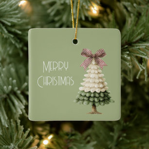 Cream Green Christmas Tree Red Bow Santa Letter Ceramic Ornament