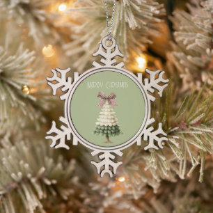 Cream Green Christmas Tree Red Bow Snowflake Pewter Christmas Ornament