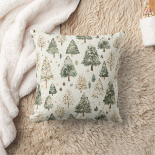 Cream Green Christmas Trees Throw Pillow