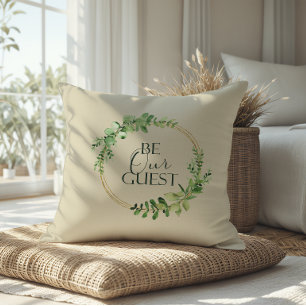 Cream Green Damask Pretty Be Our Guest Throw Pillow
