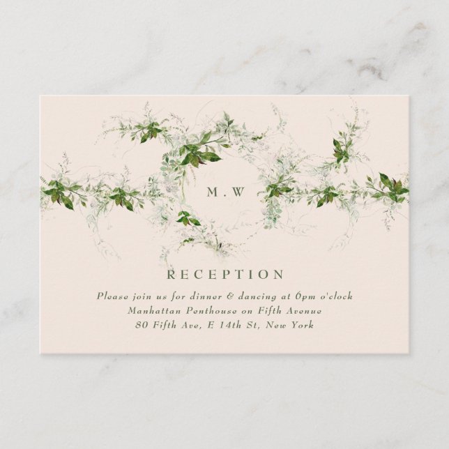 Cream Green Eucalyptus Monogram Wedding Reception Enclosure Card (Front)