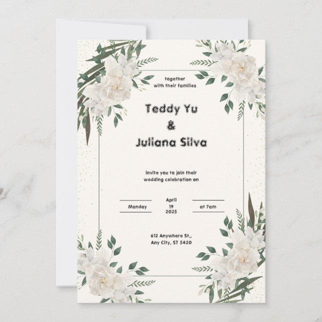 Cream Green Floral Wedding Invitation (Front)