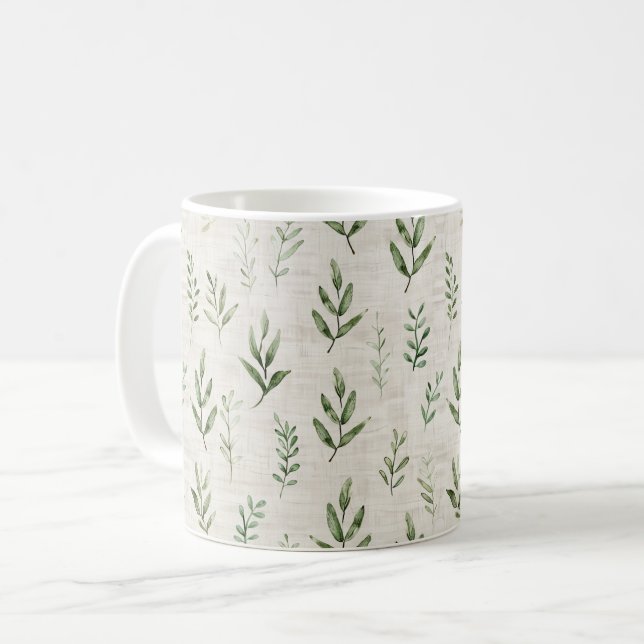 Cream Green Leaves Coffee Mug (Front Left)