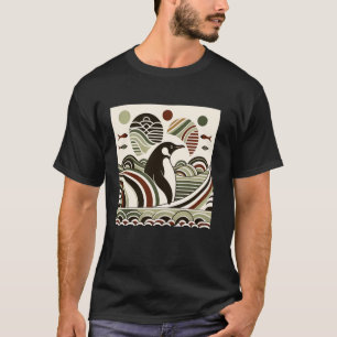 Cream Green Maroon Penguin Waves Art Deco Vintage  T-Shirt