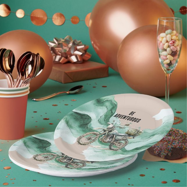Cream Green Motorcycle Adventure Paper Plate (Multi)