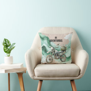 Cream Green Motorcycle Adventure Throw Pillow