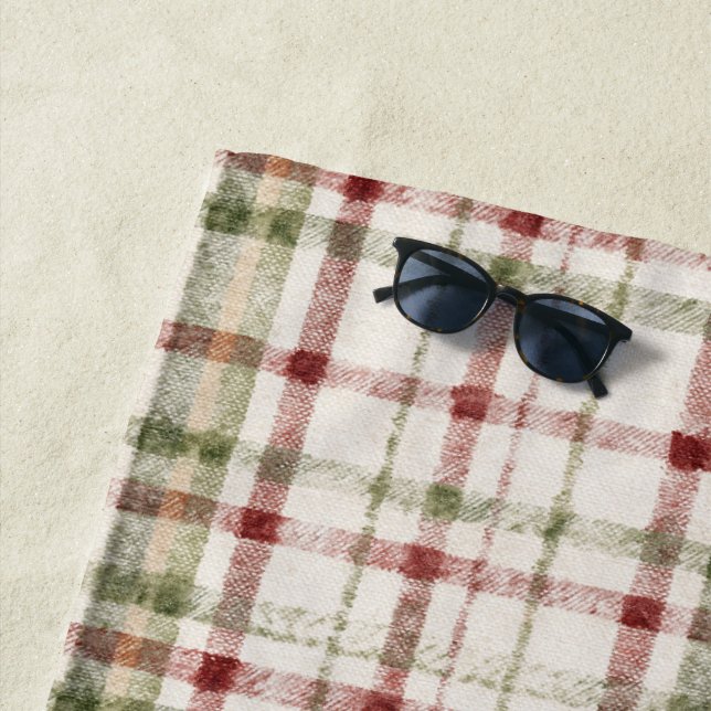 Cream Green Red Plaid Stripes  Beach Towel (In Situ)
