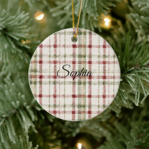 Cream Green Red Plaid Stripes Ceramic Ornament