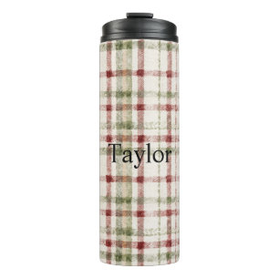 Cream Green Red Plaid Stripes Christmas Thermal Tumbler