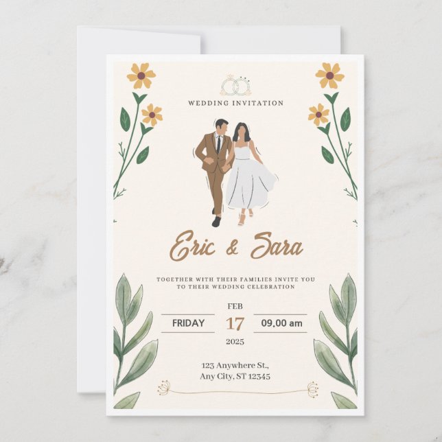 Cream Green Simple Illustrated Wedding Invitation (Front)