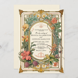 Cream Green Vintage Floral Wedding Invitation