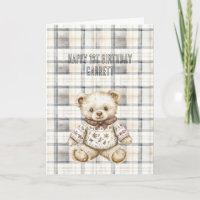 Cream Grey Plaid Stripes Teddy Bear Birthday