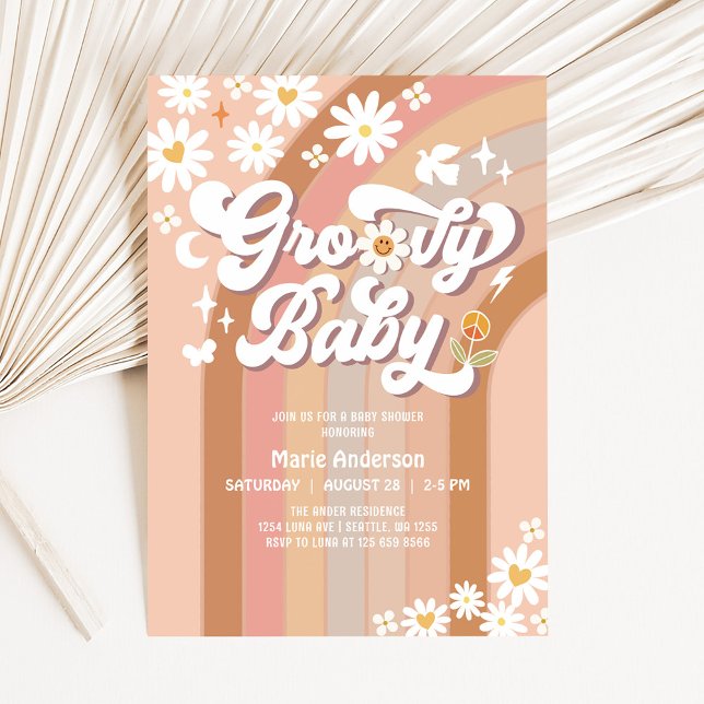 Cream Groovy Baby Hippie Retro Baby Shower Invitation (Creator Uploaded)