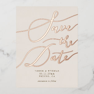 Cream Handwritten Calligraphy Save The Date Foil Invitation Postcard