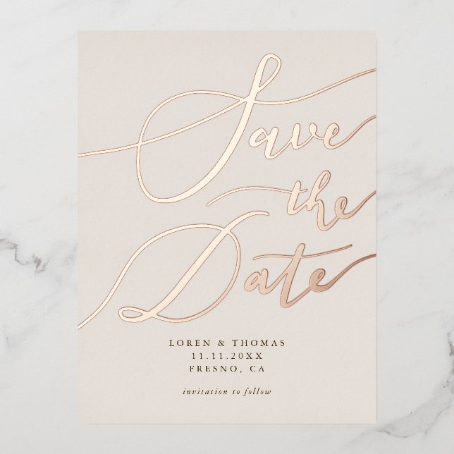 Cream Handwritten Calligraphy Save The Date Foil Invitation Postcard (Front)