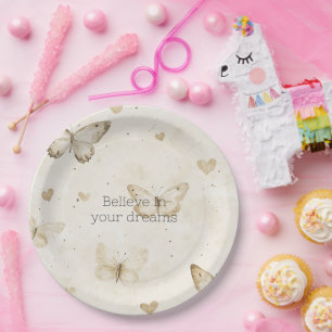 Cream Hearts Butterflies Birthday Paper Plate