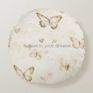 Cream Hearts Butterflies Christmas Round Pillow