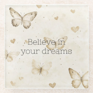 Cream Hearts Butterflies  Glass Coaster