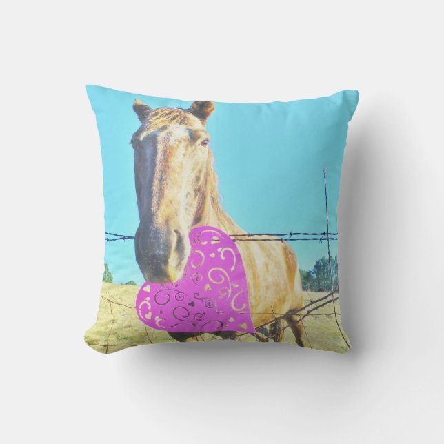 Cream Horse & Heart Pink and blue Throw Pillow (Front)
