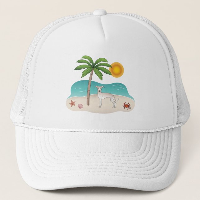 Cream Italian Greyhound At Tropical Summer Beach Trucker Hat (Front)