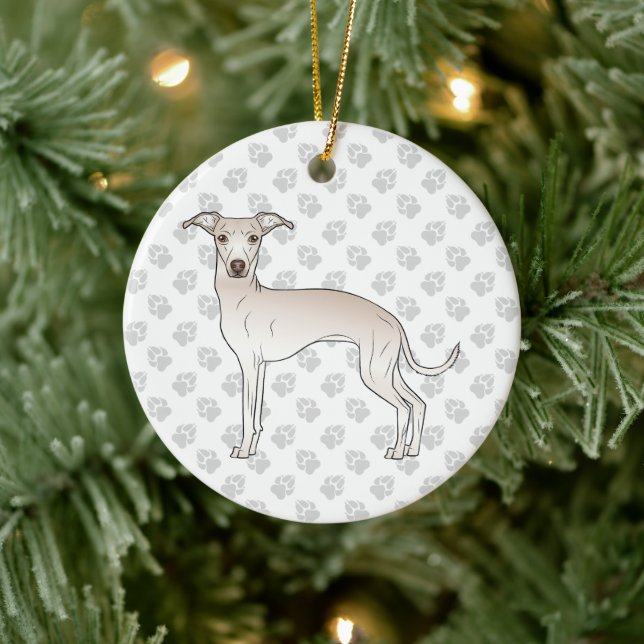 Cream Italian Greyhound Cute Cartoon Dog With Paws Ceramic Ornament (Tree)