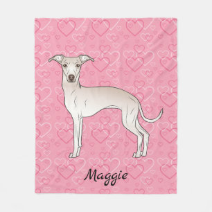 Cream Italian Greyhound Cute Dog On Pink Hearts Fleece Blanket