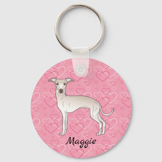 Cream Italian Greyhound Cute Dog On Pink Hearts Keychain (Front)