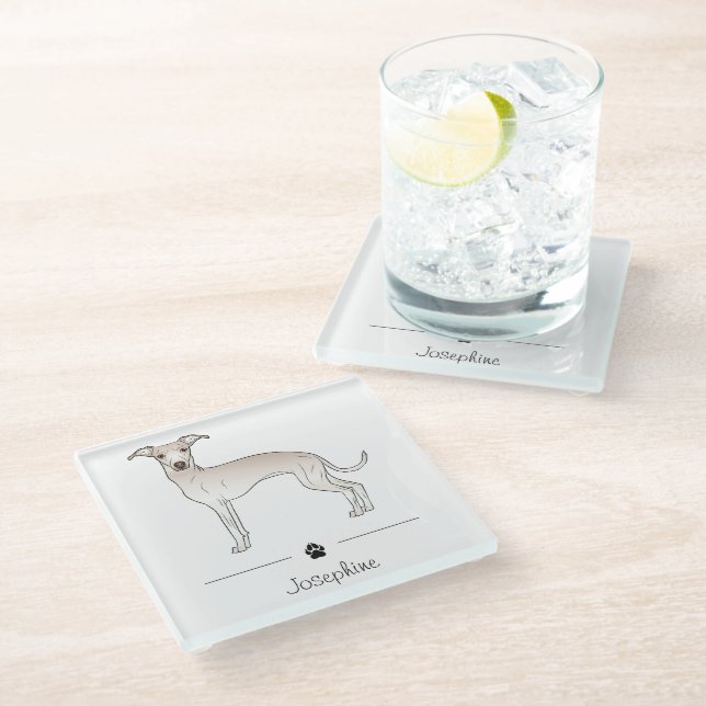 Cream Italian Greyhound Cute Dog With Custom Text Glass Coaster (Angled)