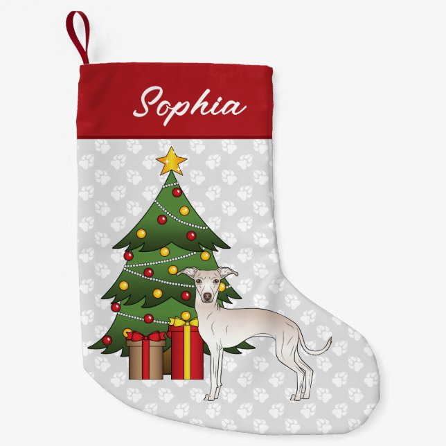 Cream Italian Greyhound Dog With A Christmas Tree Small Christmas Stocking (Front)