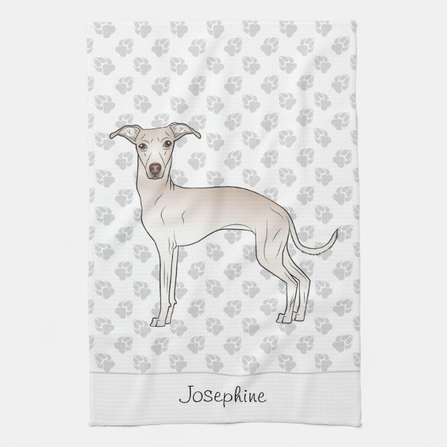 Cream Italian Greyhound With Custom Name Kitchen Towel (Vertical)
