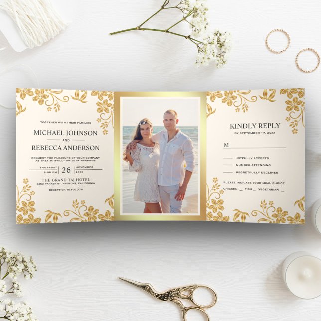 Cream Ivory and Gold Foil Floral Leaves Wedding Tri-Fold Invitation (Creator Uploaded)