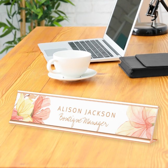Cream ivory peach summer flowers boutique manager desk name plate (Creator Uploaded)