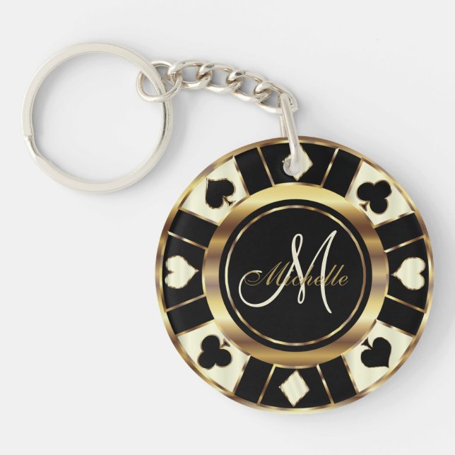 Cream Ivory Poker Chip Design - Monogram Keychain (Front)