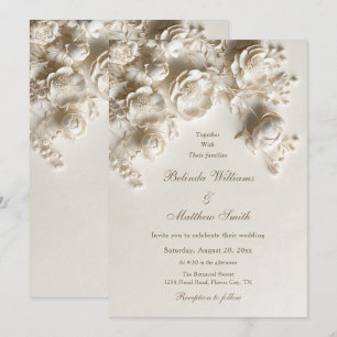 Cream Ivory Sculptured Floral 3D Roses Wedding Invitation