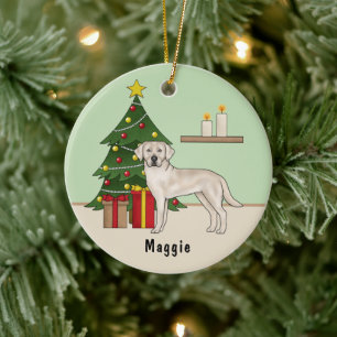 Cream Labrador Retriever Dog With Christmas Tree Ceramic Ornament